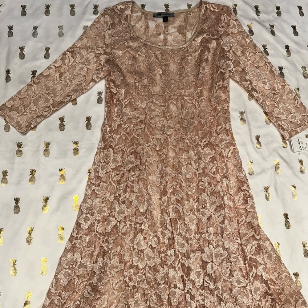 Leslie Fay Dusty Pink/Dark Ivory Lace Dress with 3/4 Sleeves, Ladies Sz 14 NWT